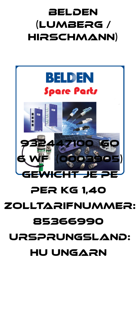 932447100  GO 6 WF  (0003905)  Gewicht je PE per KG 1,40  Zolltarifnummer: 85366990  Ursprungsland: HU Ungarn  Belden (Lumberg / Hirschmann)