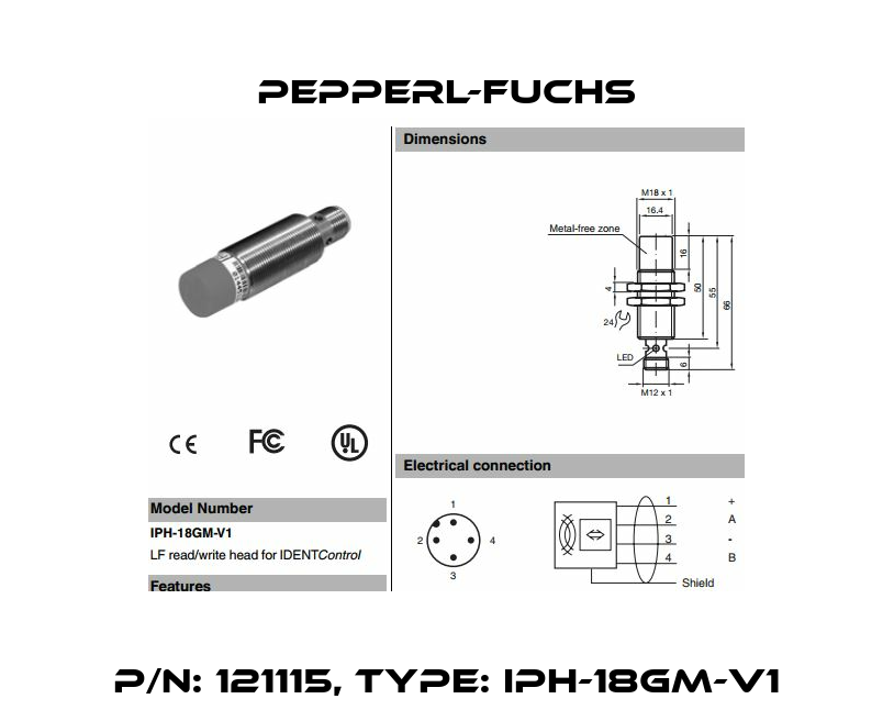 p/n: 121115, Type: IPH-18GM-V1 Pepperl-Fuchs
