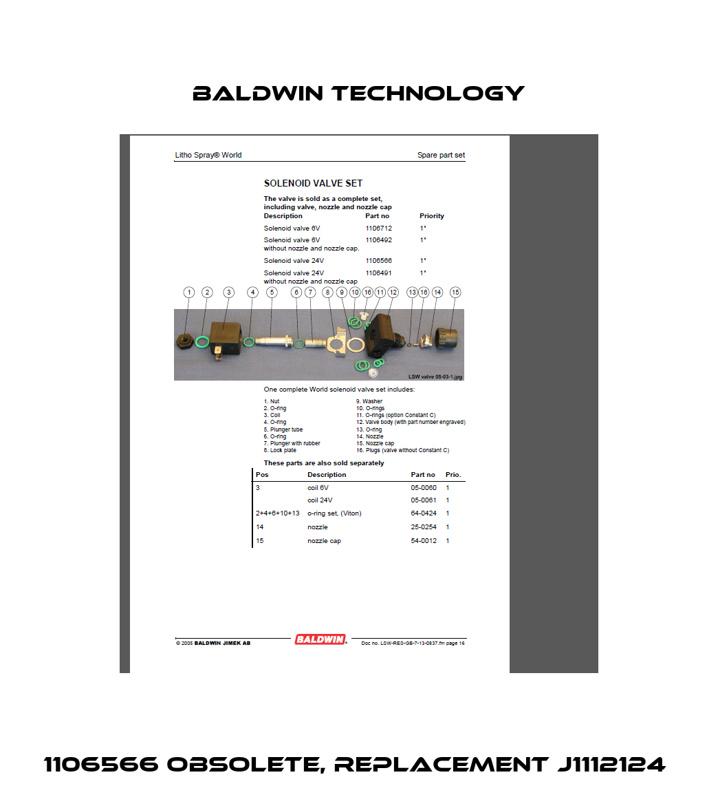 1106566 obsolete, replacement J1112124  Baldwin Technology