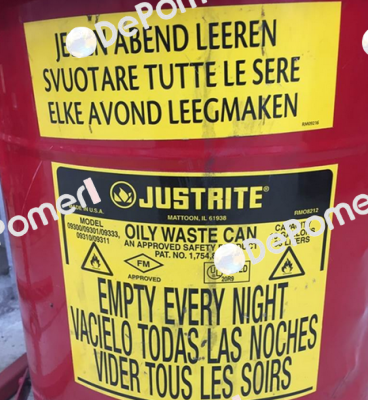 Both labels for OILY WASTE CAN PAT.NO. 1,754,802  Justrite