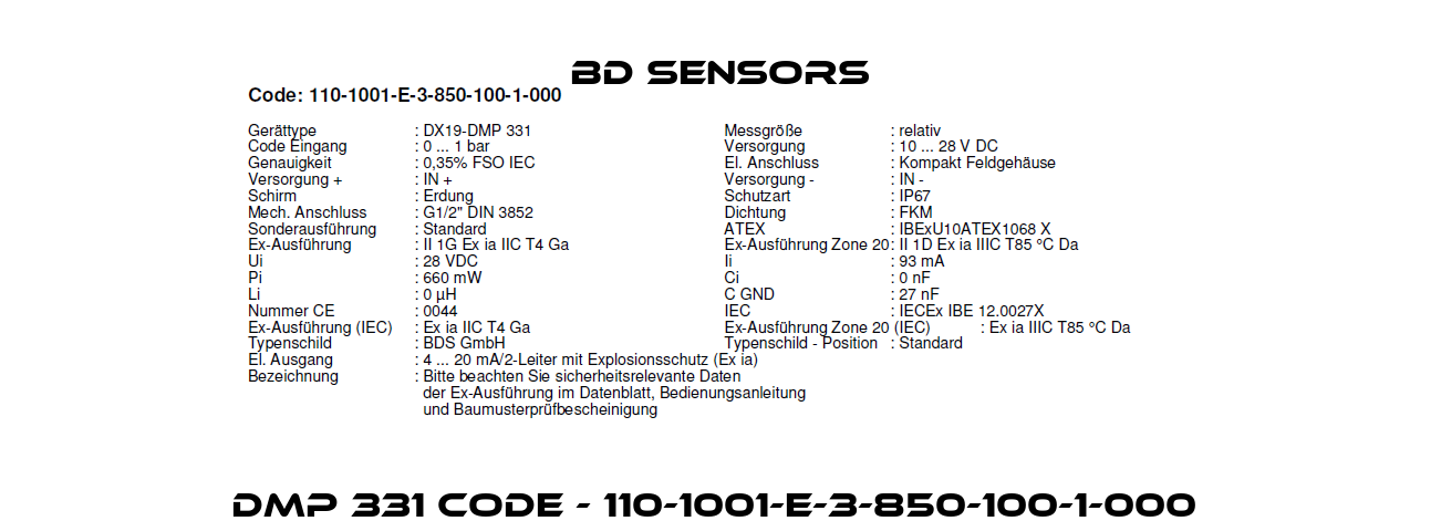 DMP 331 Code - 110-1001-E-3-850-100-1-000  Bd Sensors