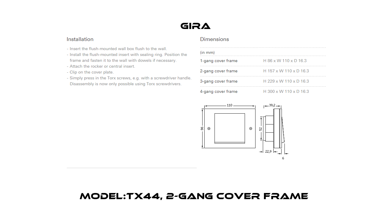 Model:TX44, 2-gang cover frame  Gira