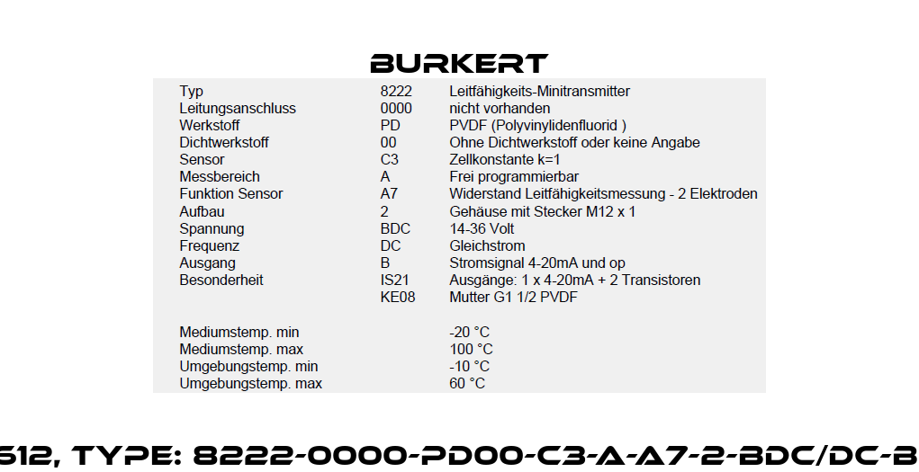 P/N: 00559612, Type: 8222-0000-PD00-C3-A-A7-2-BDC/DC-B * IS21+KE08 Burkert