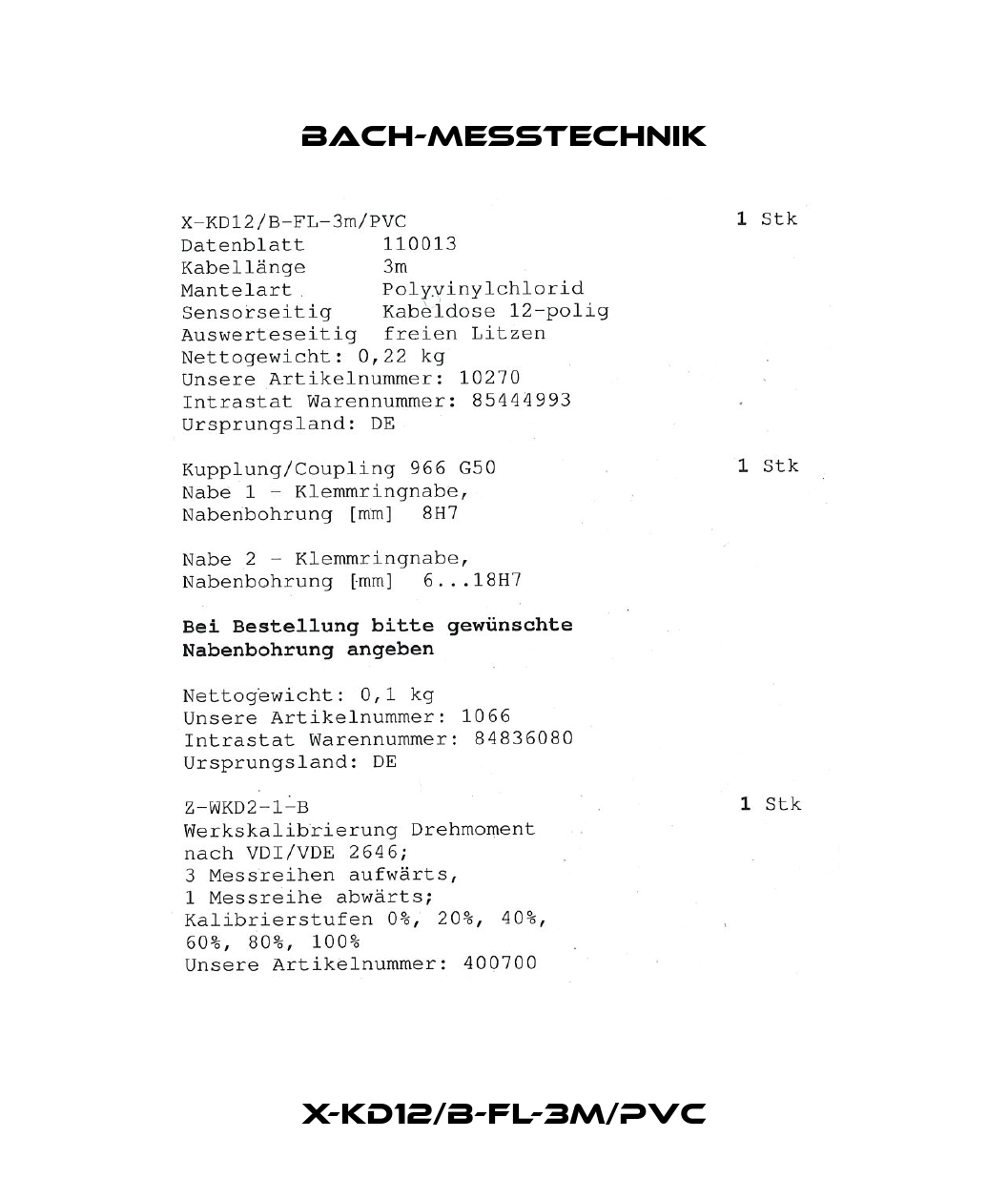 X-KD12/B-FL-3m/PVC Bach-messtechnik