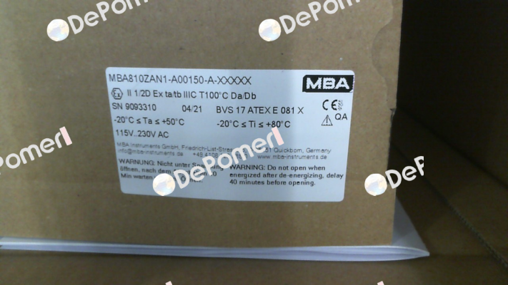 MBA810ZAN1-A00150-A-XXXXX (1213568) MBA Instruments