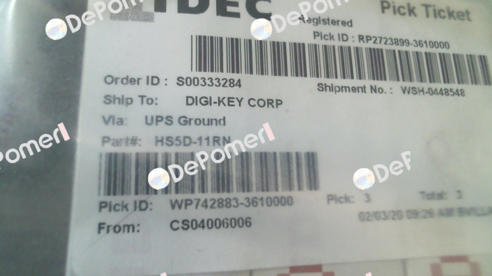 Art.No. 216080, Part No. HS5D-11RN Idec