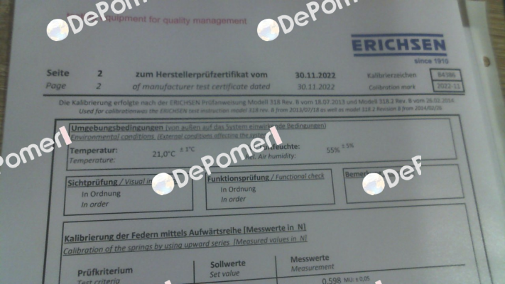 Calibration certificate for 00200131 Erichsen