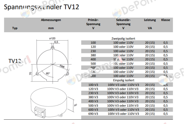 TV12, 690/100V Kl.0,5 20VA  Revalco