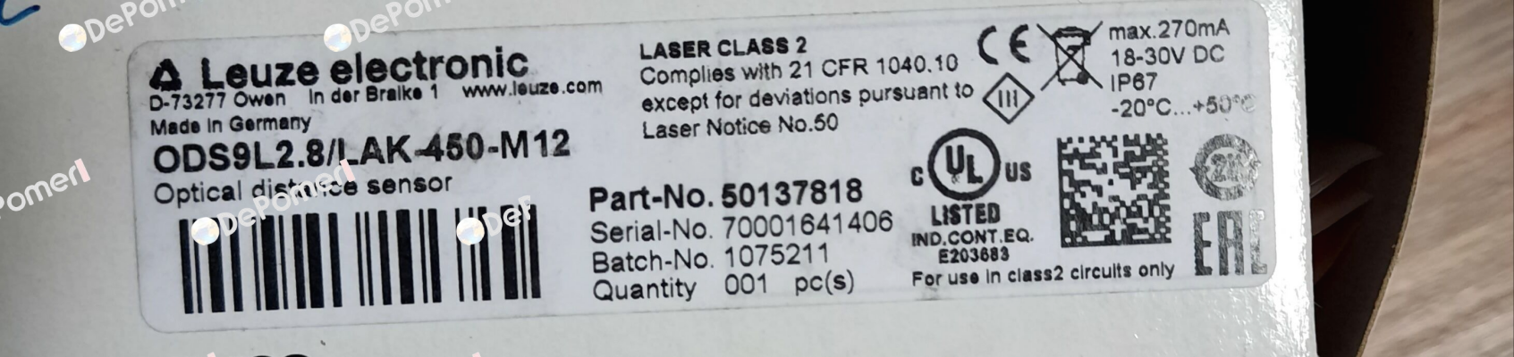 p/n: 50137818, Type: ODS9L2.8/LAK-450-M12 Leuze